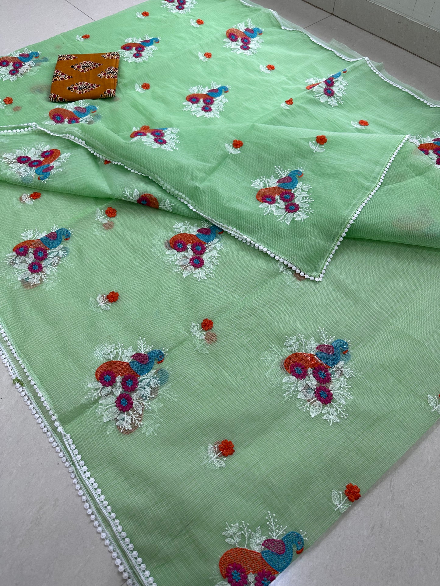 Embroidered Kota Cotton Doria Saree