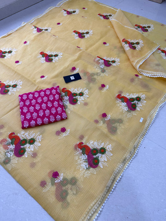 Embroidered Kota Cotton Doria Saree