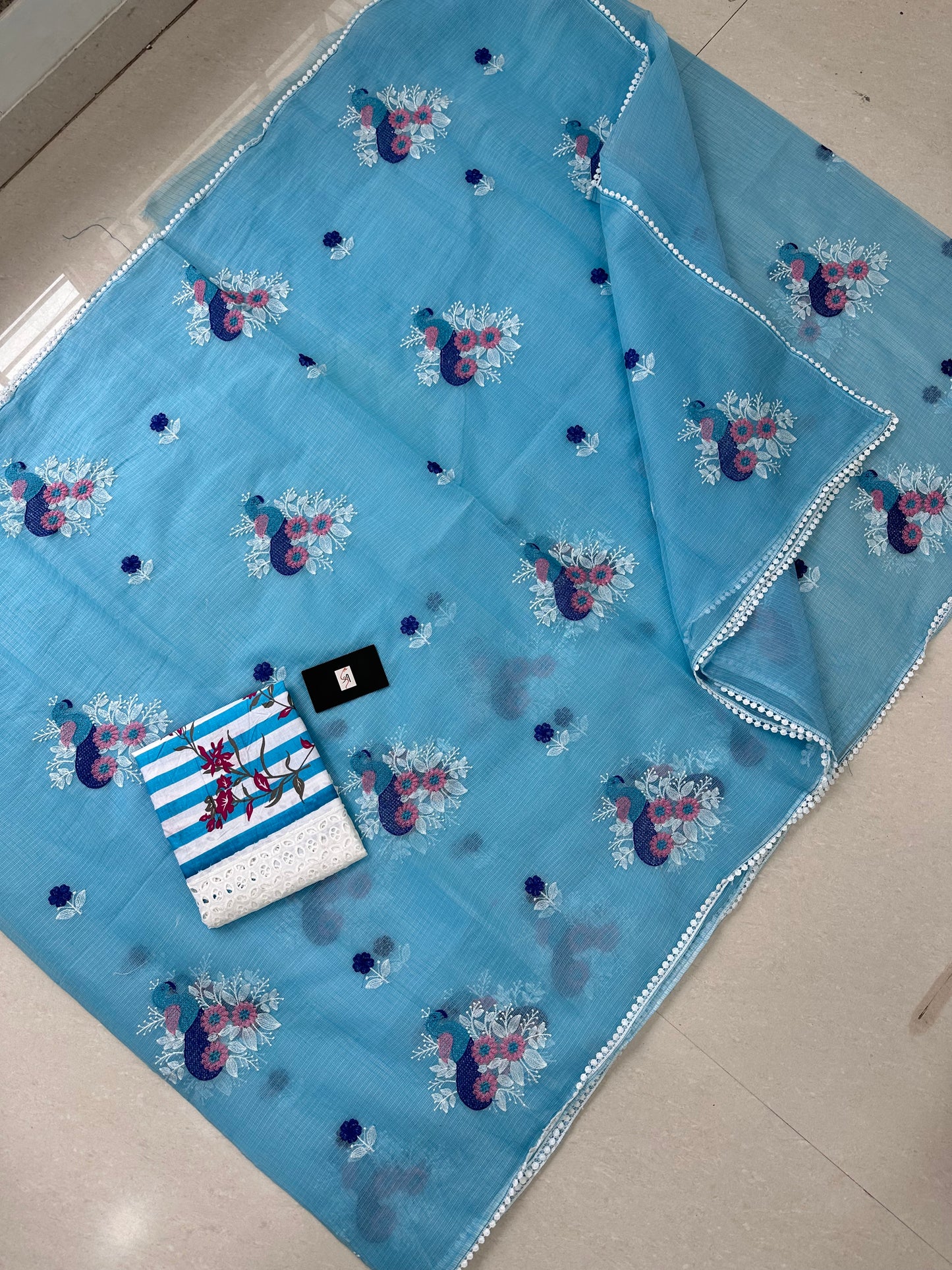 Embroidered Kota Cotton Doria Saree