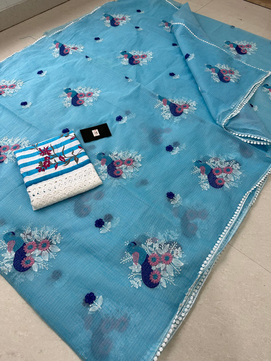 Embroidered Kota Cotton Doria Saree