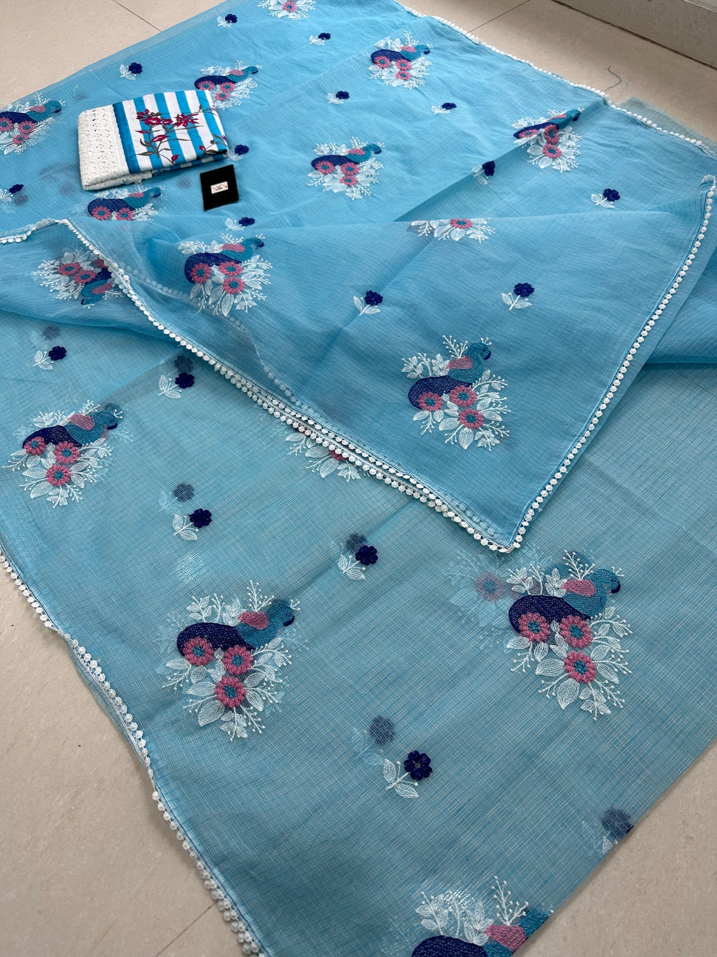 Embroidered Kota Cotton Doria Saree