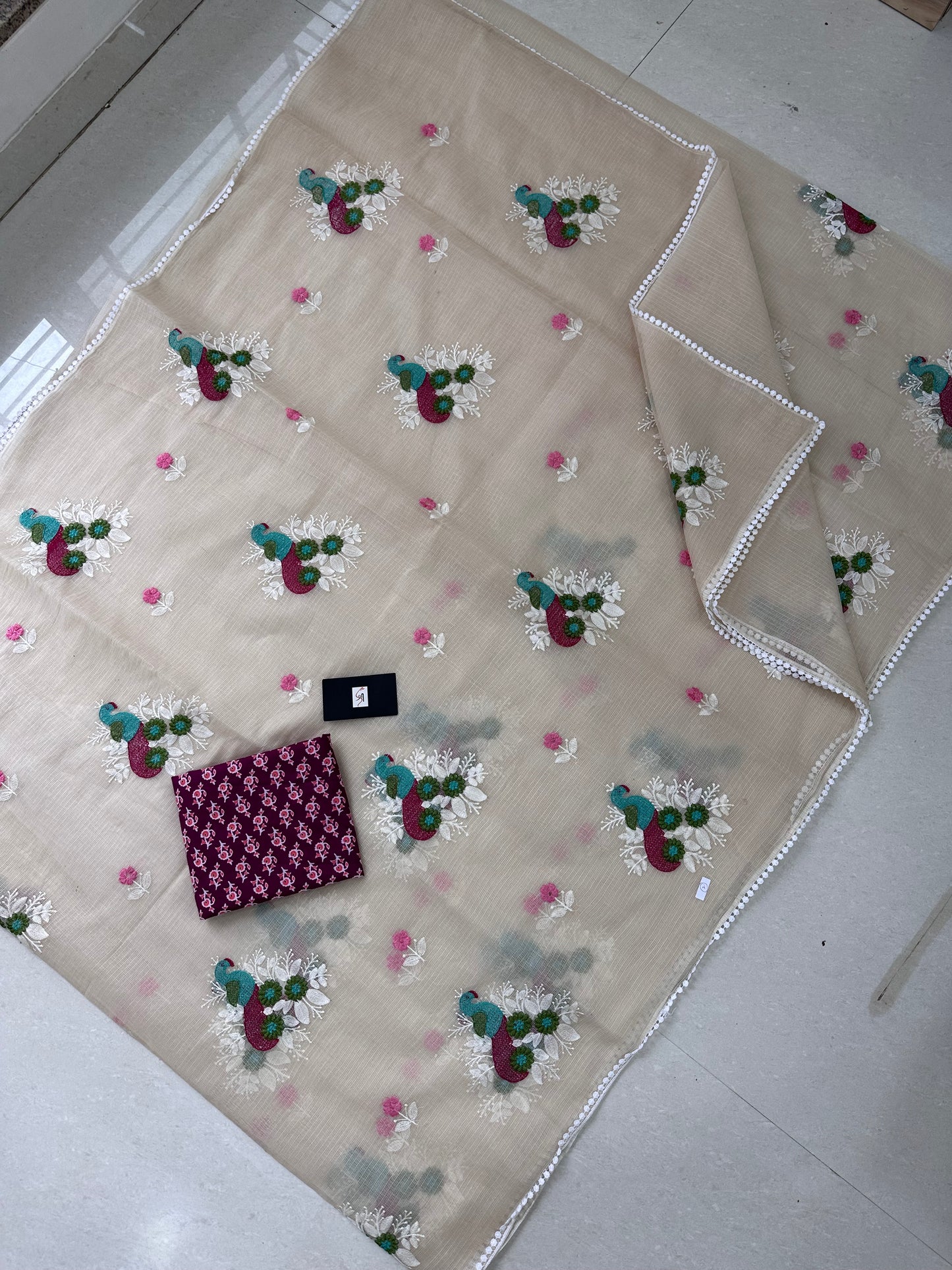 Embroidered Kota Cotton Doria Saree