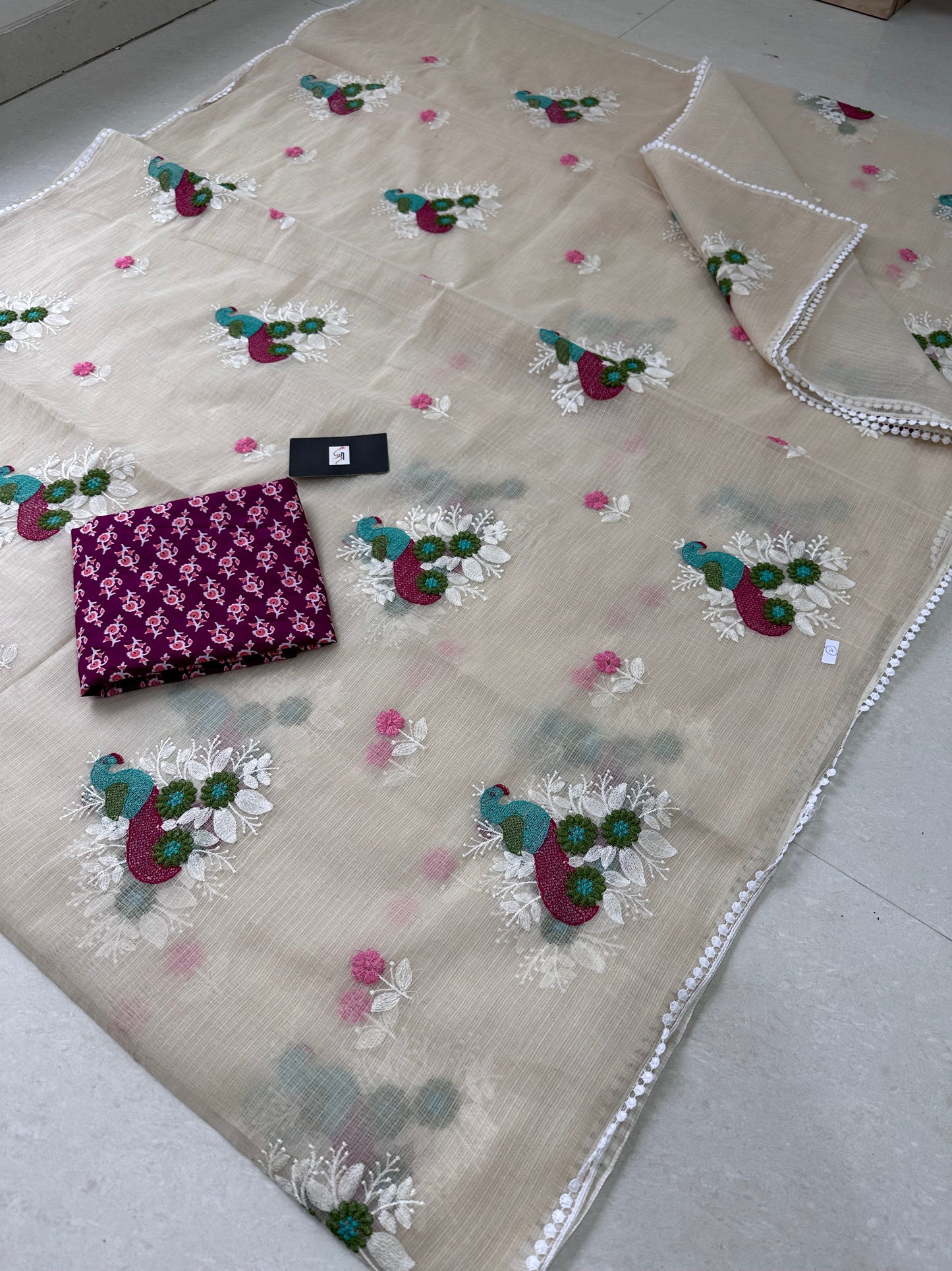 Embroidered Kota Cotton Doria Saree