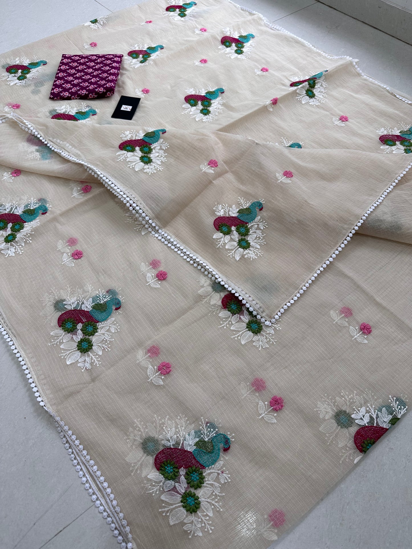 Embroidered Kota Cotton Doria Saree