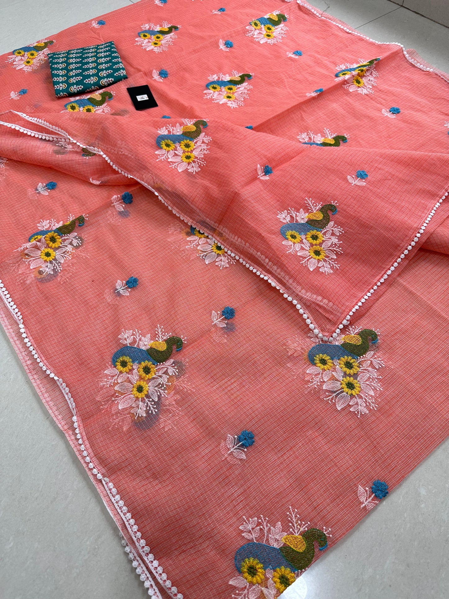 Embroidered Kota Cotton Doria Saree