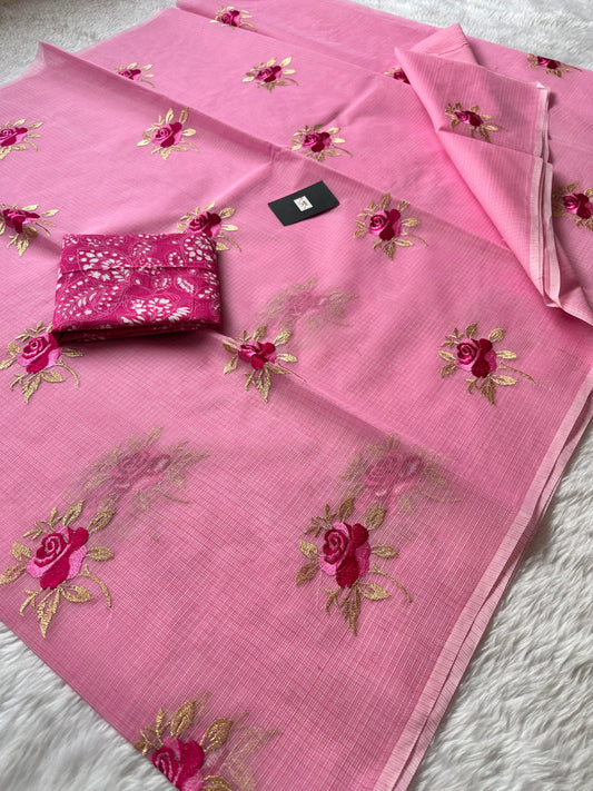 Embroidered Kota Cotton Doria Saree