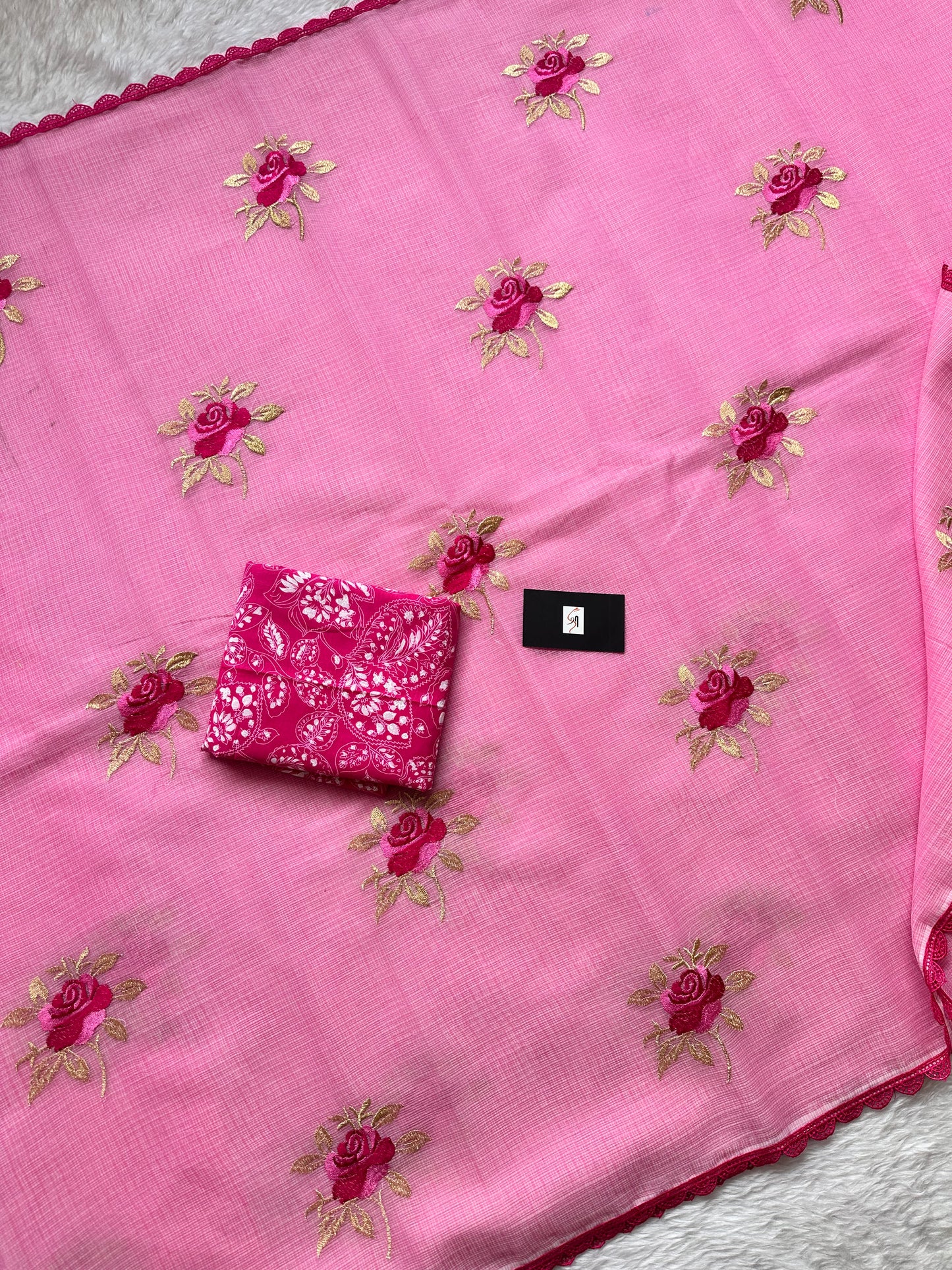 Embroidered Kota Cotton Doria Saree With Handcrafted Lucknowi Crochet Lace