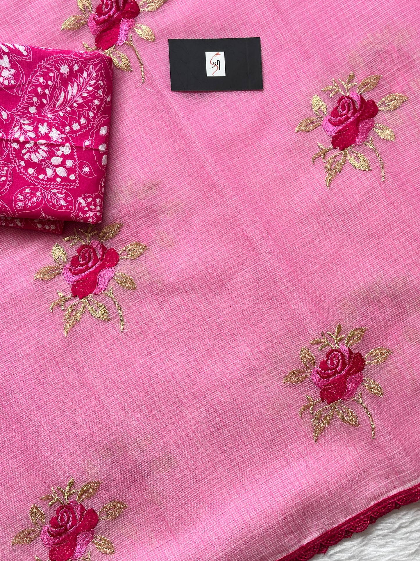 Embroidered Kota Cotton Doria Saree With Handcrafted Lucknowi Crochet Lace