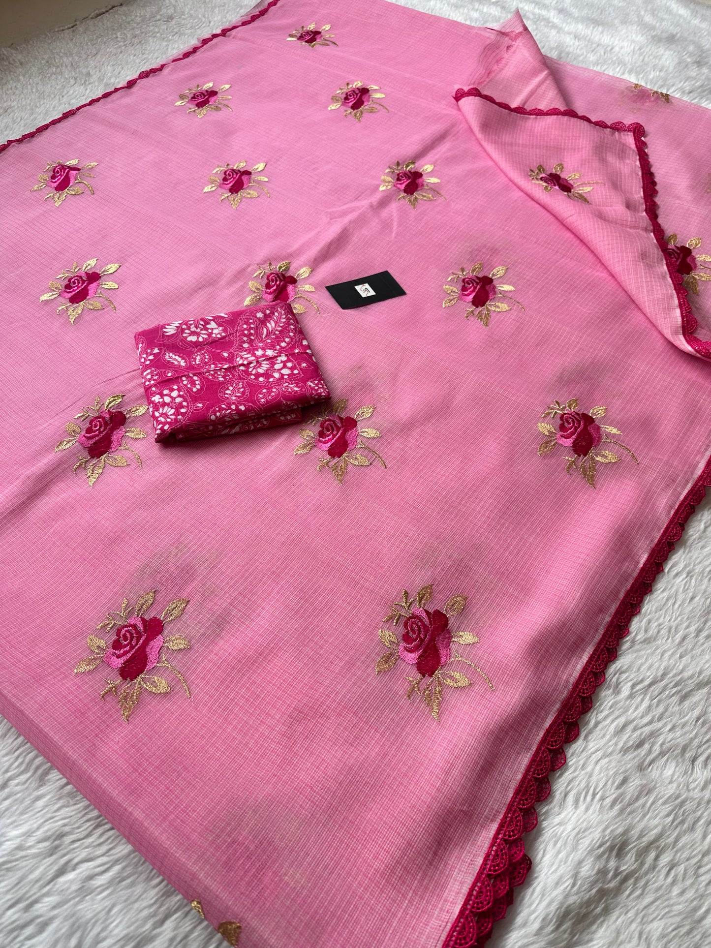 Embroidered Kota Cotton Doria Saree With Handcrafted Lucknowi Crochet Lace