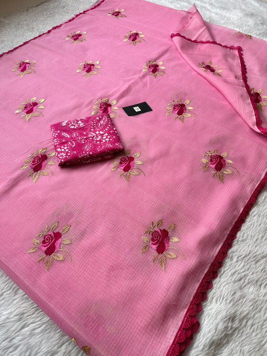 Embroidered Kota Cotton Doria Saree With Handcrafted Lucknowi Crochet Lace