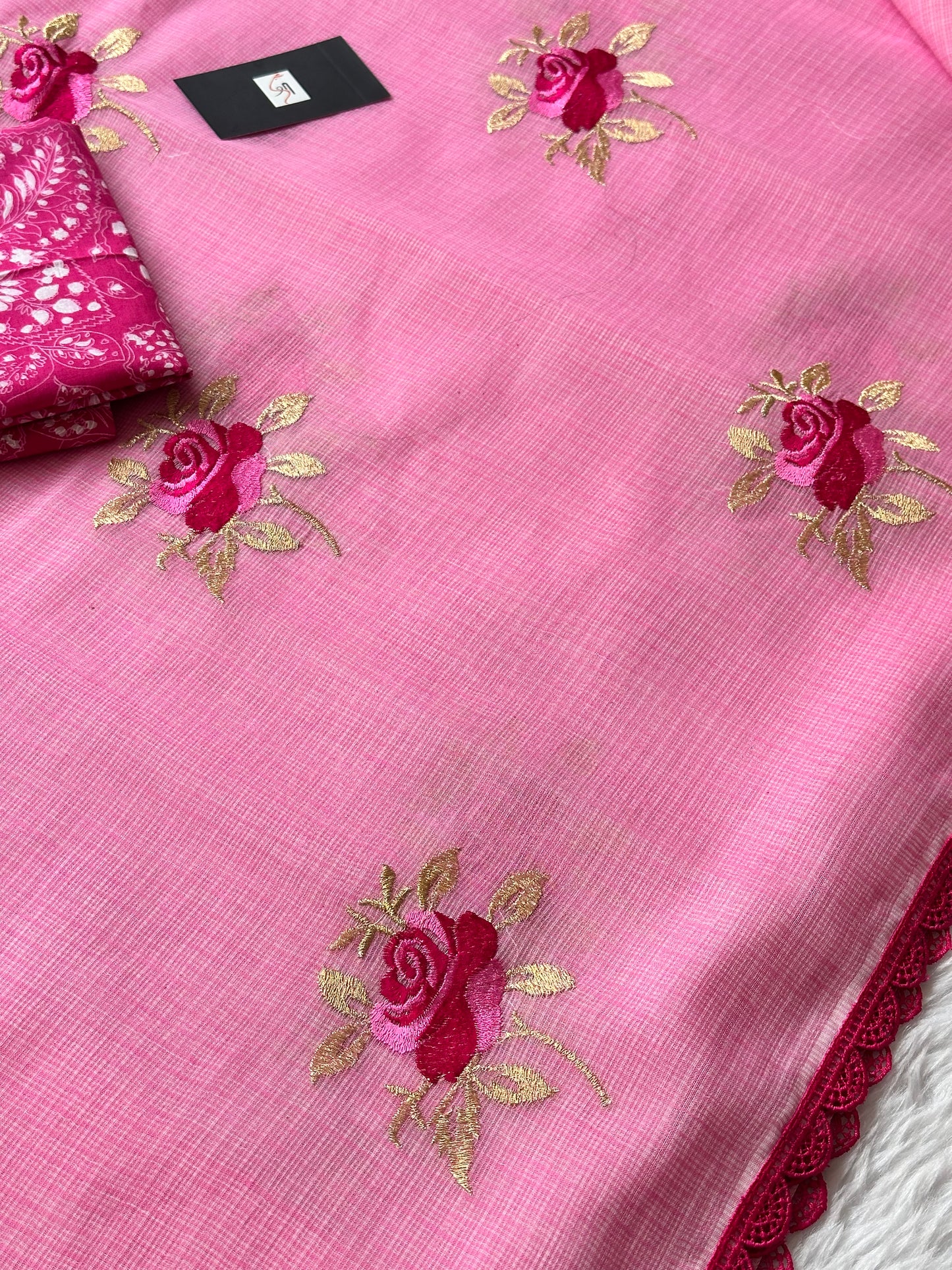 Embroidered Kota Cotton Doria Saree With Handcrafted Lucknowi Crochet Lace