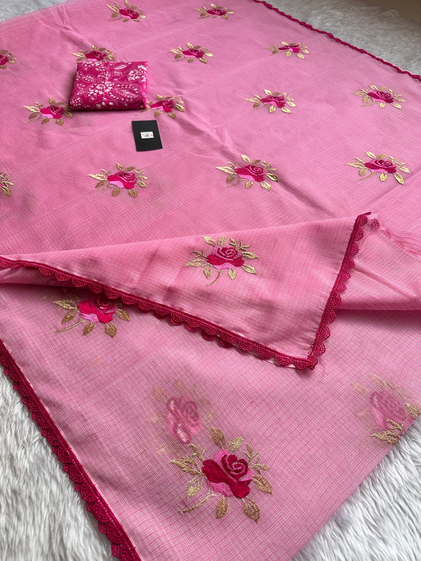 Embroidered Kota Cotton Doria Saree With Handcrafted Lucknowi Crochet Lace