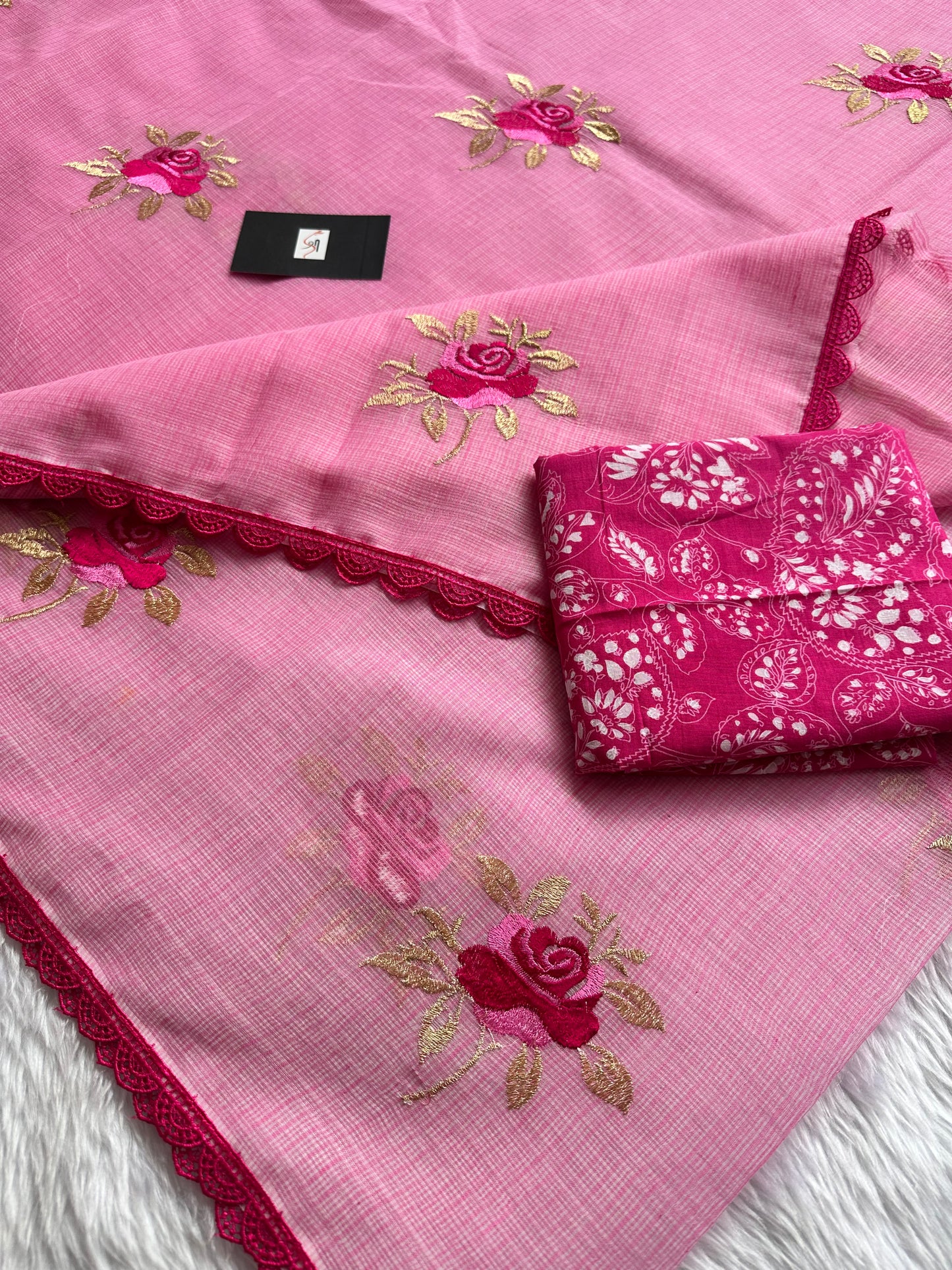 Embroidered Kota Cotton Doria Saree With Handcrafted Lucknowi Crochet Lace