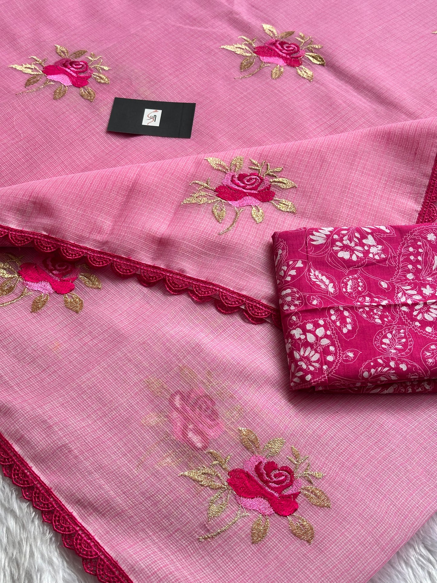 Embroidered Kota Cotton Doria Saree With Handcrafted Lucknowi Crochet Lace