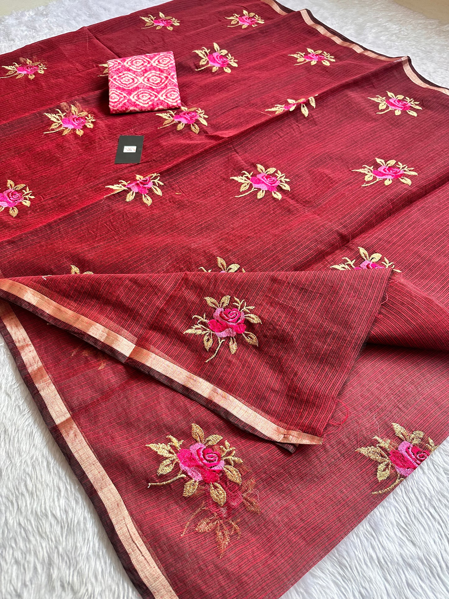 Embroidered Kota Cotton Doria Saree