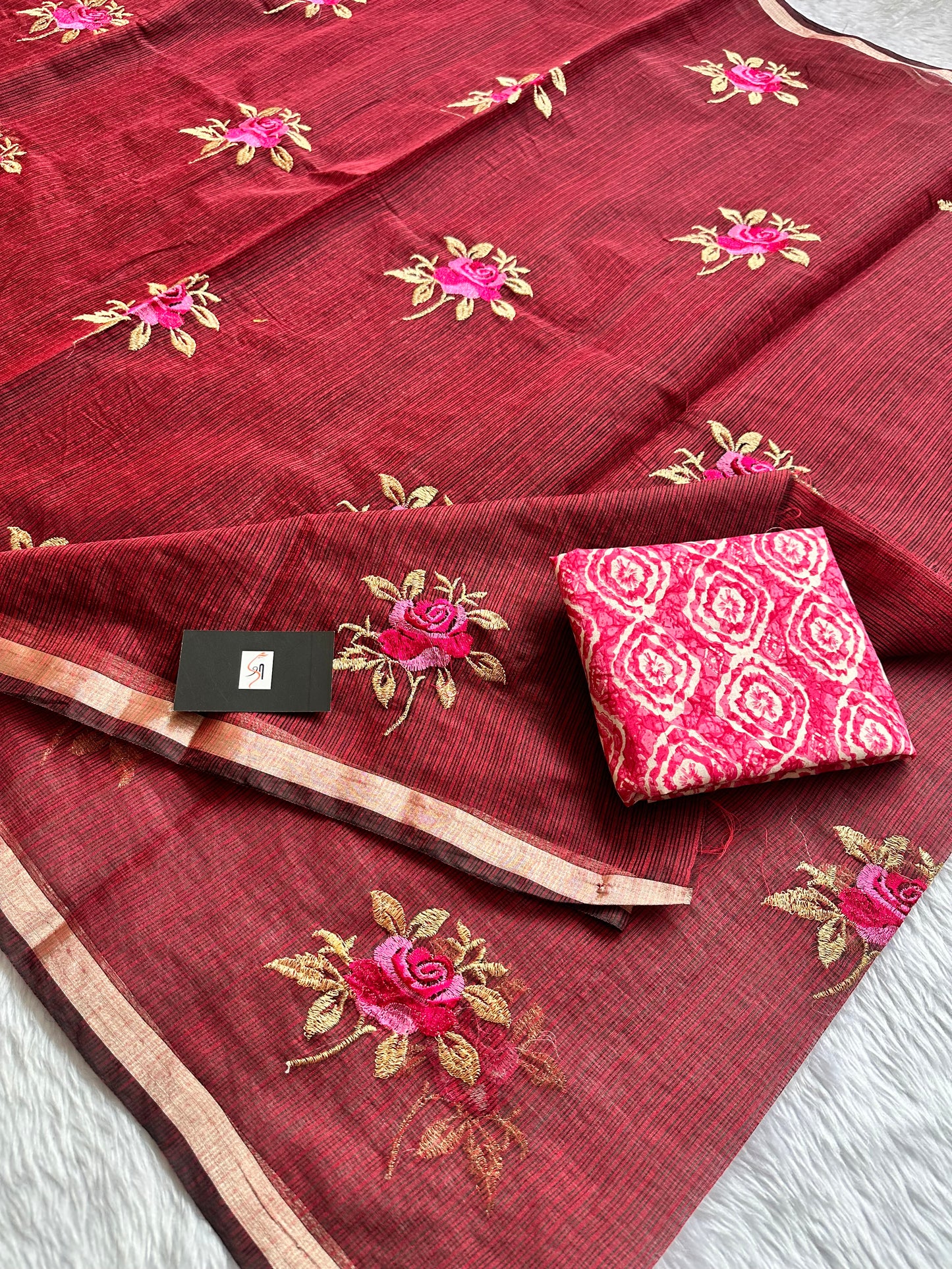 Embroidered Kota Cotton Doria Saree
