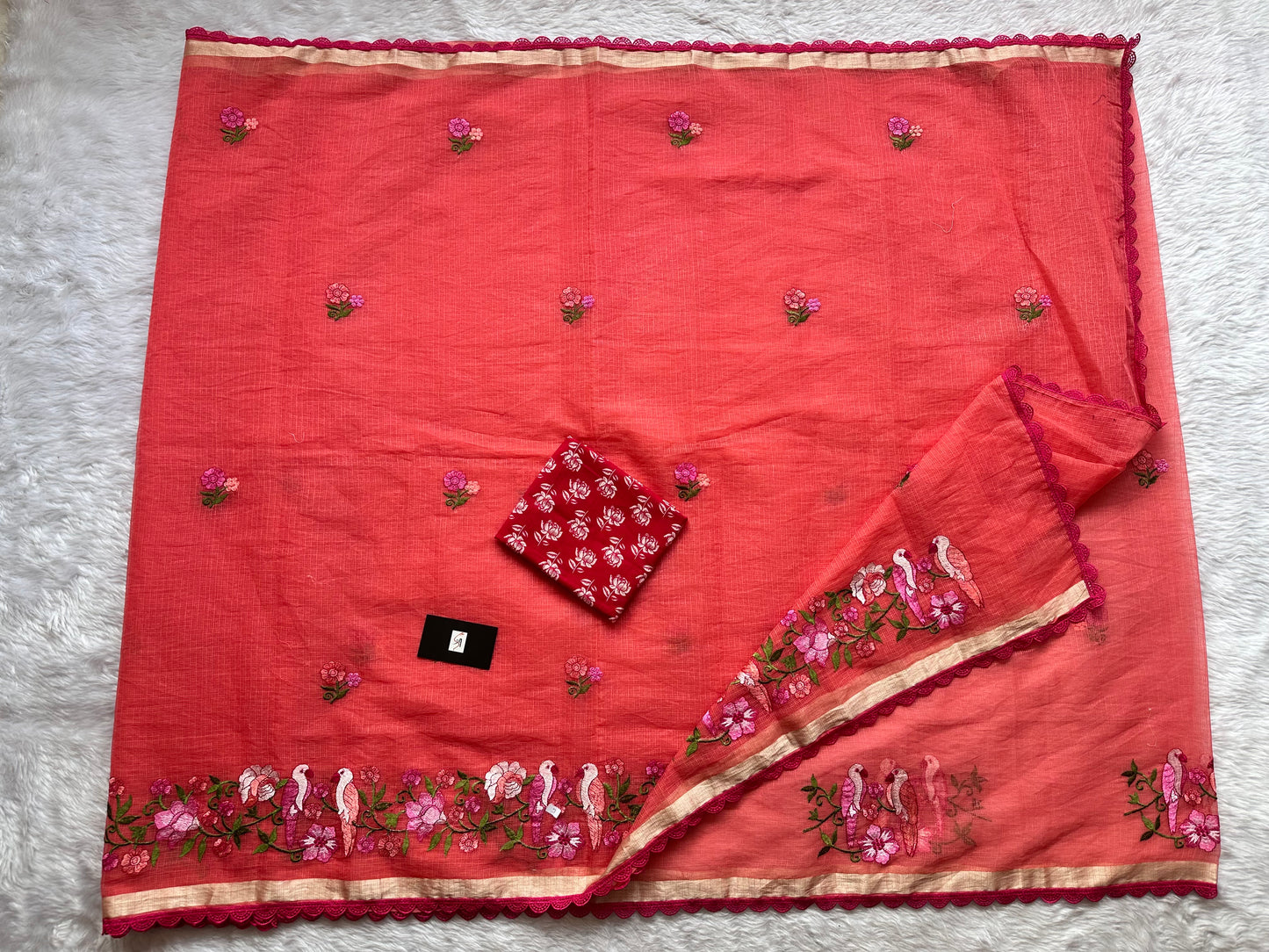 Embroidered Kota Doria Saree With Handcrafted Lucknowi Corchet Lace