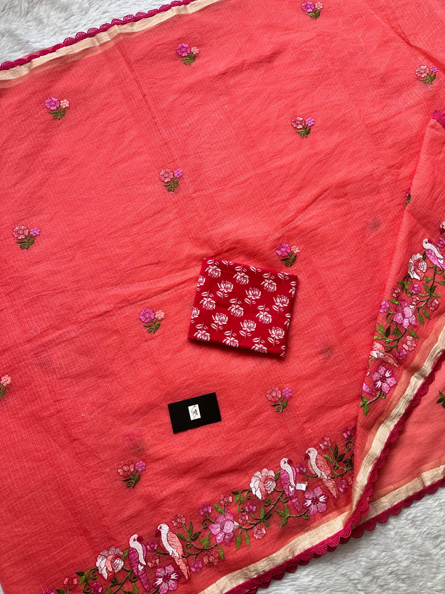 Embroidered Kota Doria Saree With Handcrafted Lucknowi Corchet Lace