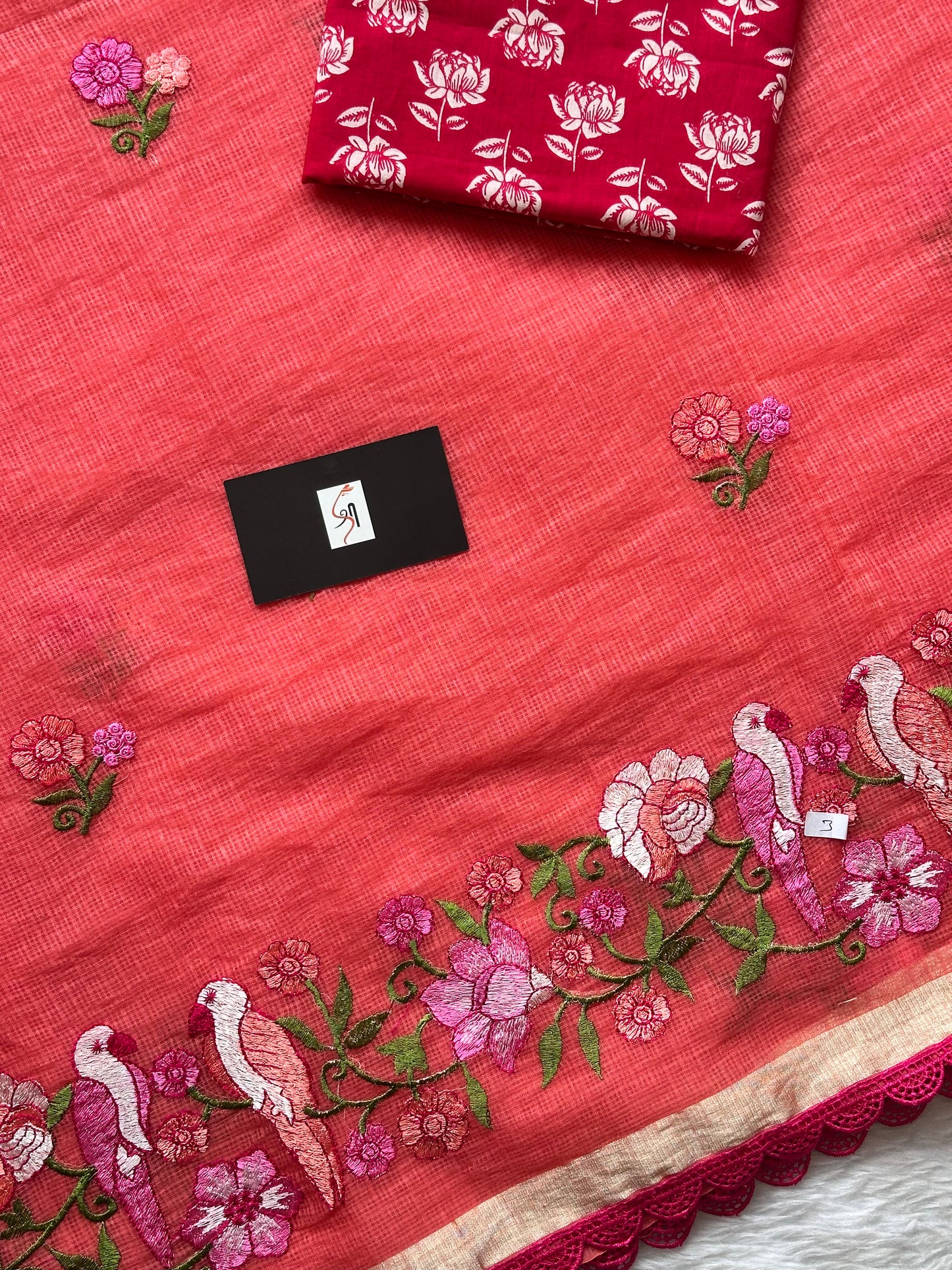 Embroidered Kota Doria Saree With Handcrafted Lucknowi Corchet Lace