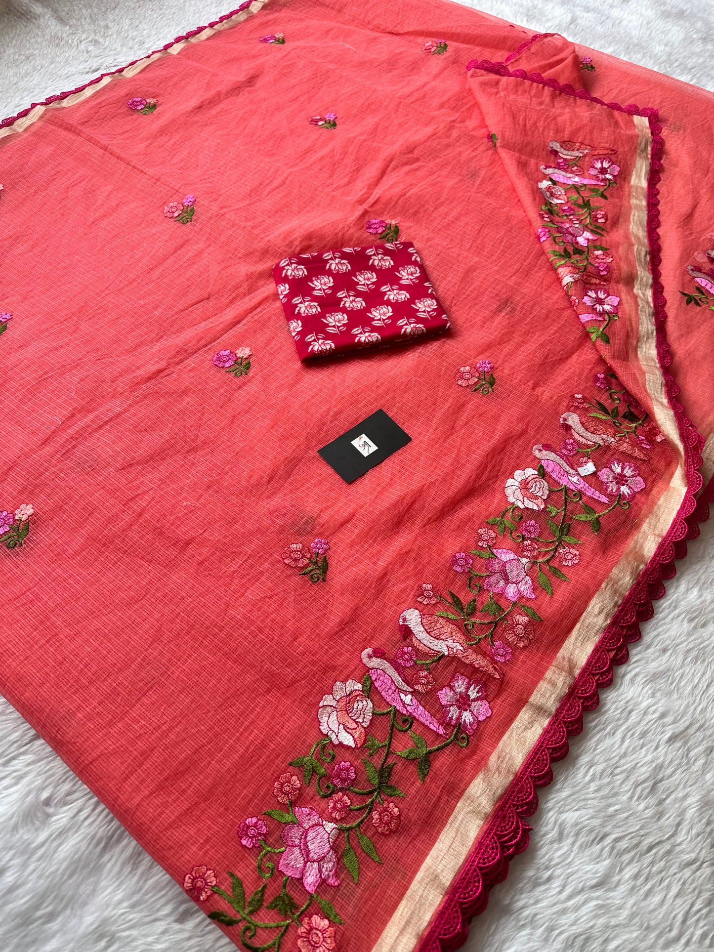 Embroidered Kota Doria Saree With Handcrafted Lucknowi Corchet Lace