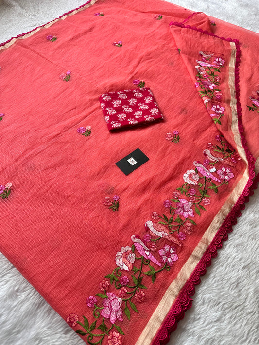 Embroidered Kota Doria Saree With Handcrafted Lucknowi Corchet Lace