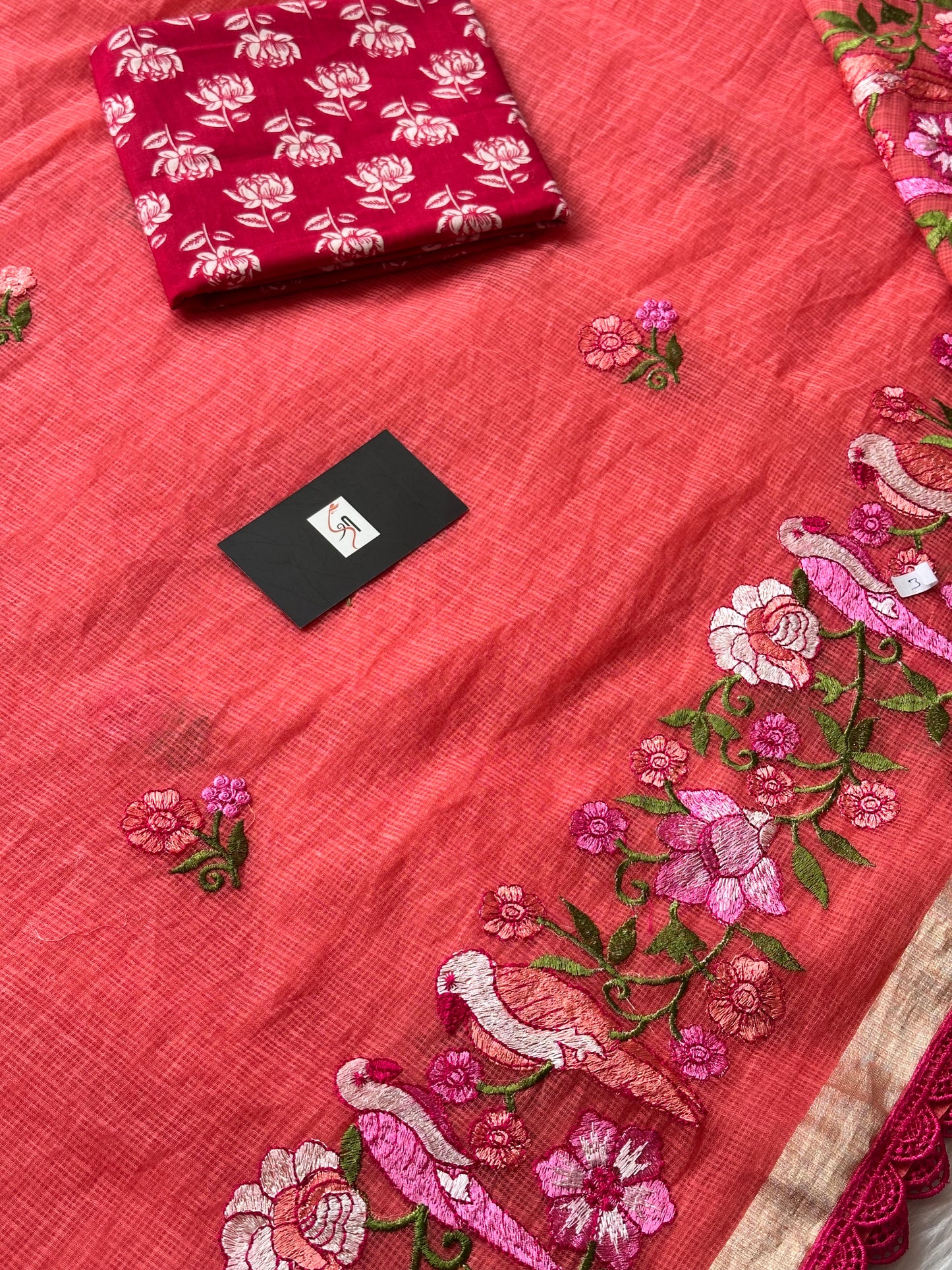 Embroidered Kota Doria Saree With Handcrafted Lucknowi Corchet Lace