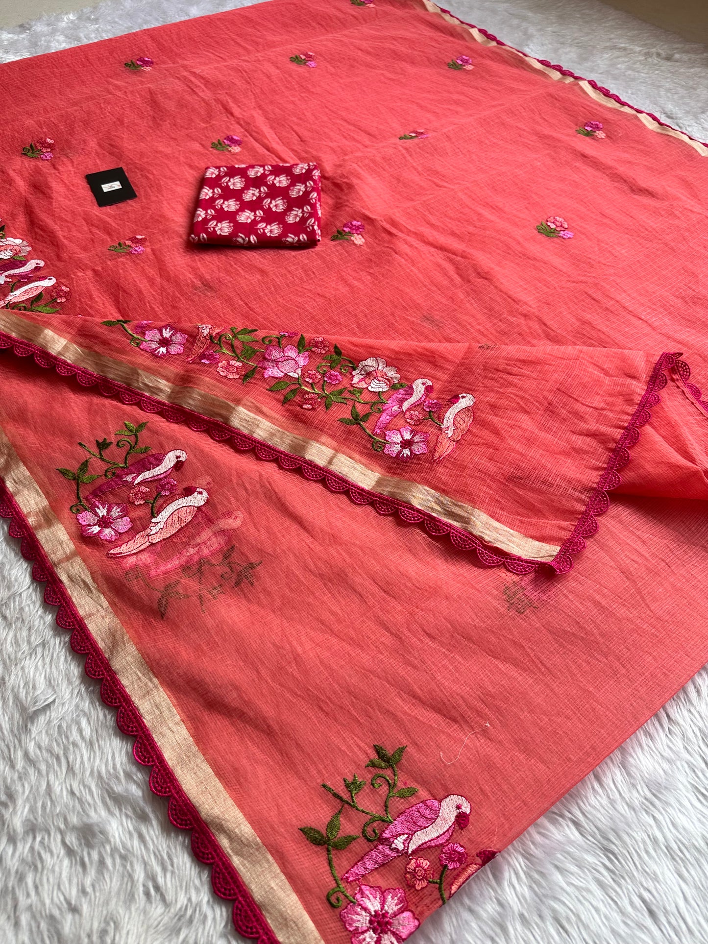 Embroidered Kota Doria Saree With Handcrafted Lucknowi Corchet Lace
