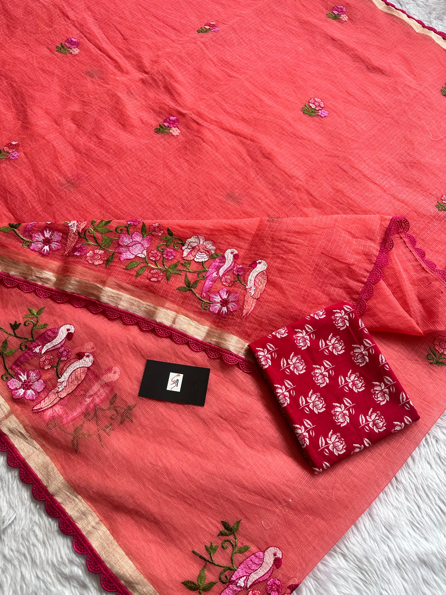 Embroidered Kota Doria Saree With Handcrafted Lucknowi Corchet Lace