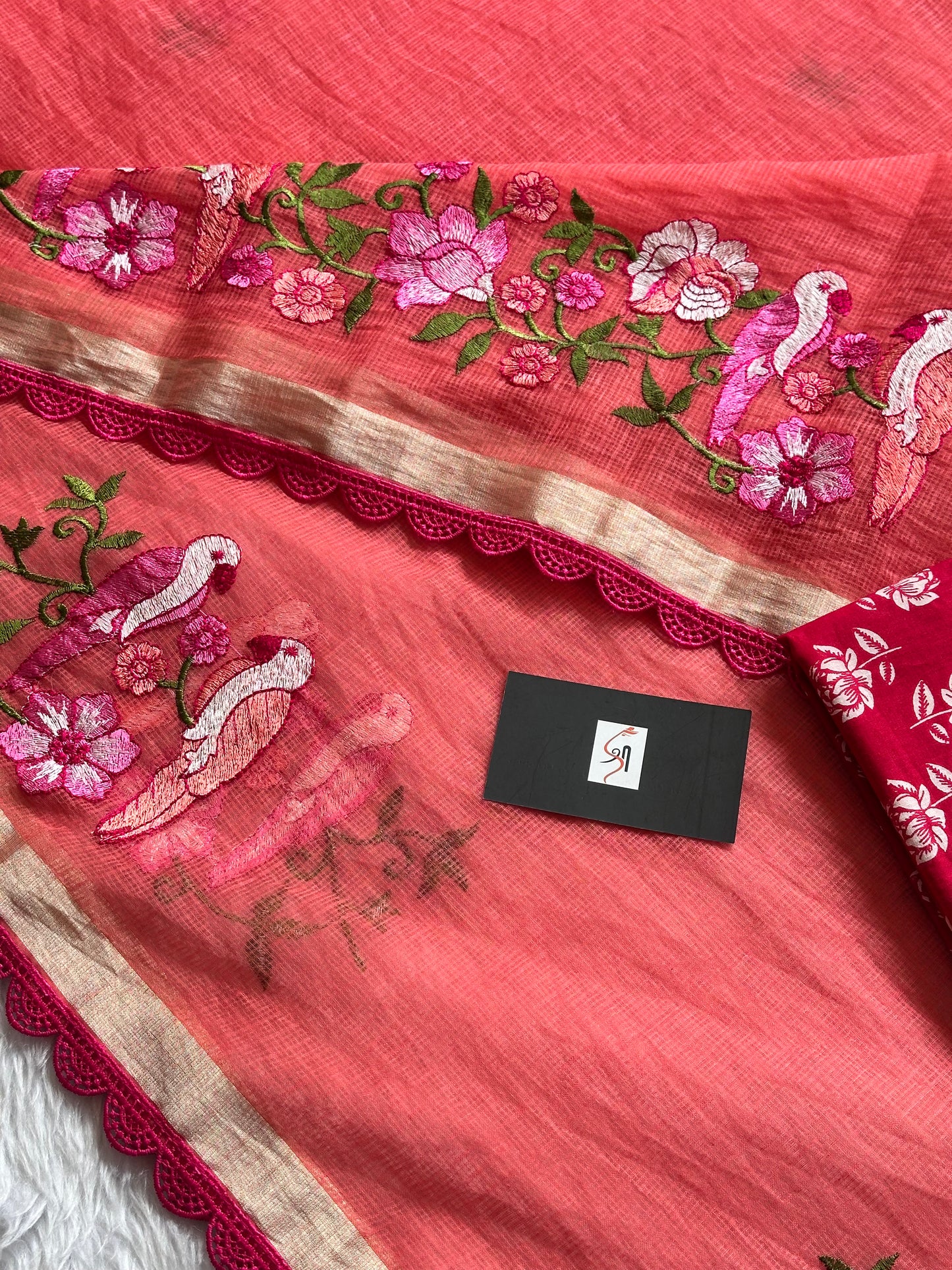 Embroidered Kota Doria Saree With Handcrafted Lucknowi Corchet Lace