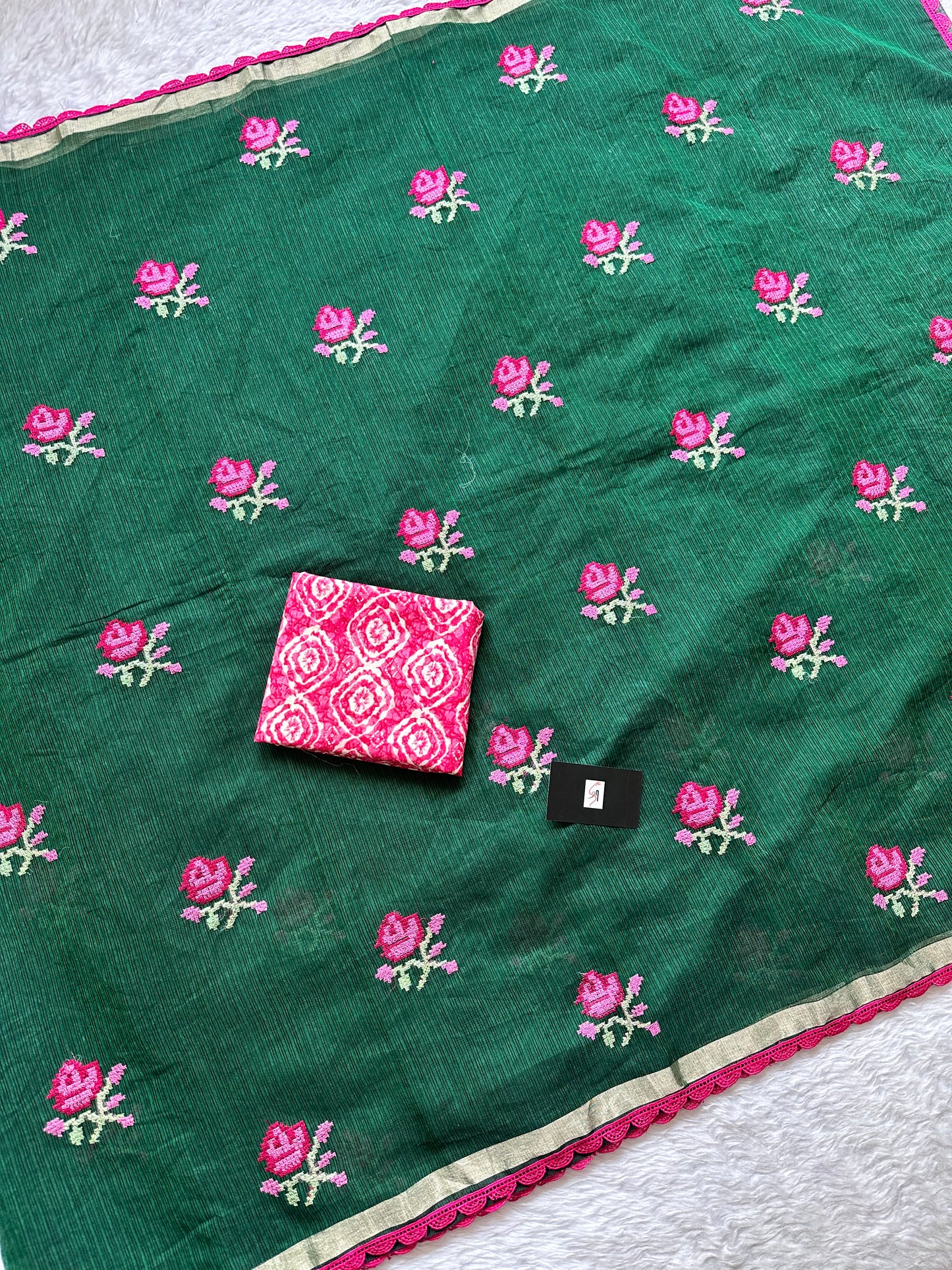 Embroidered Kota Doria Saree With Handcrafted Lucknowi Corchet Lace