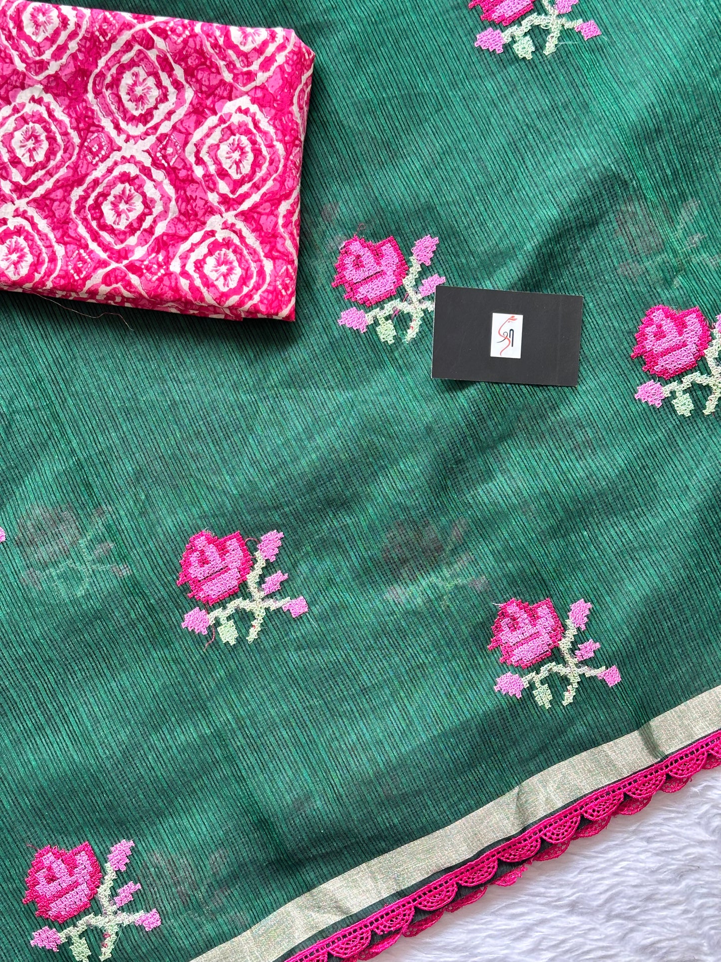 Embroidered Kota Doria Saree With Handcrafted Lucknowi Corchet Lace