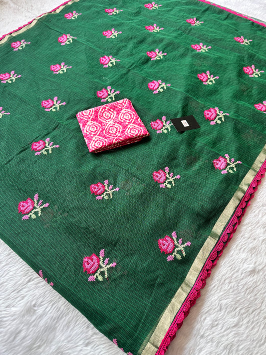 Embroidered Kota Doria Saree With Handcrafted Lucknowi Corchet Lace