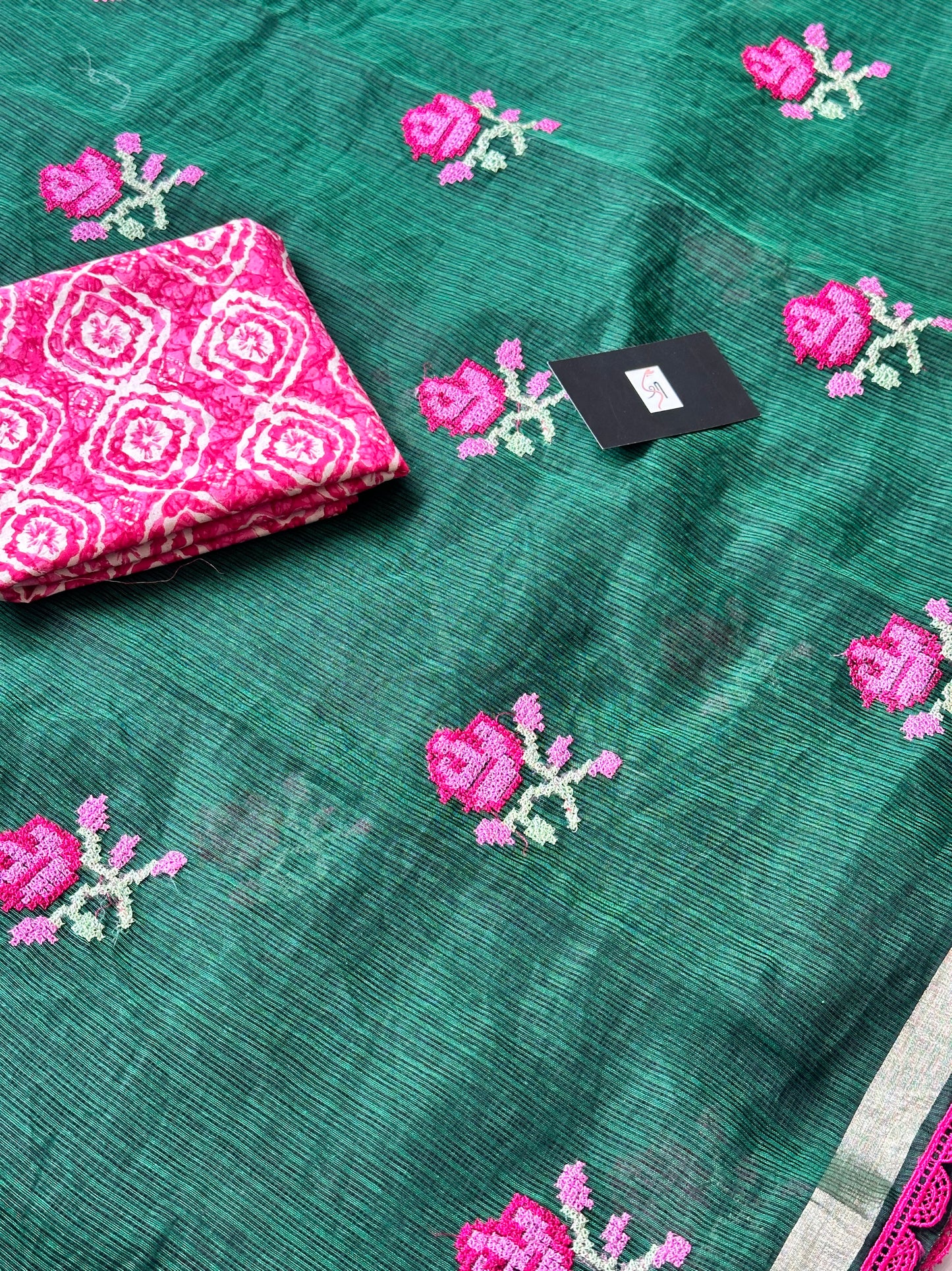 Embroidered Kota Doria Saree With Handcrafted Lucknowi Corchet Lace