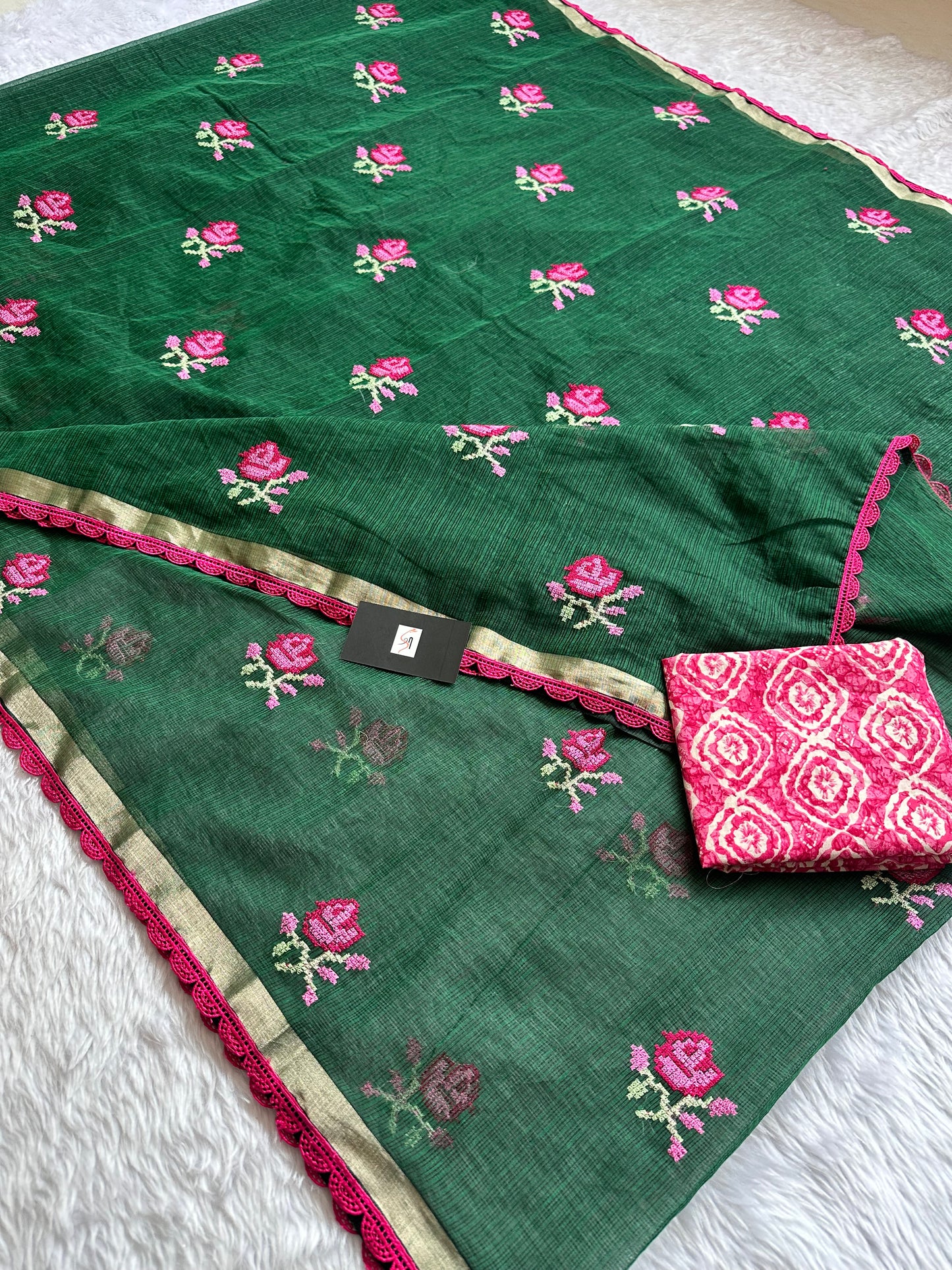 Embroidered Kota Doria Saree With Handcrafted Lucknowi Corchet Lace