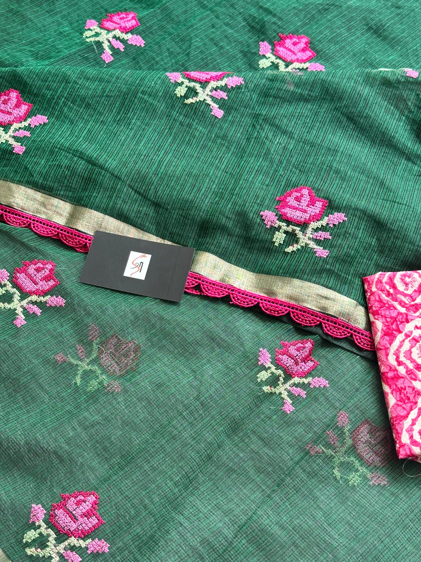 Embroidered Kota Doria Saree With Handcrafted Lucknowi Corchet Lace