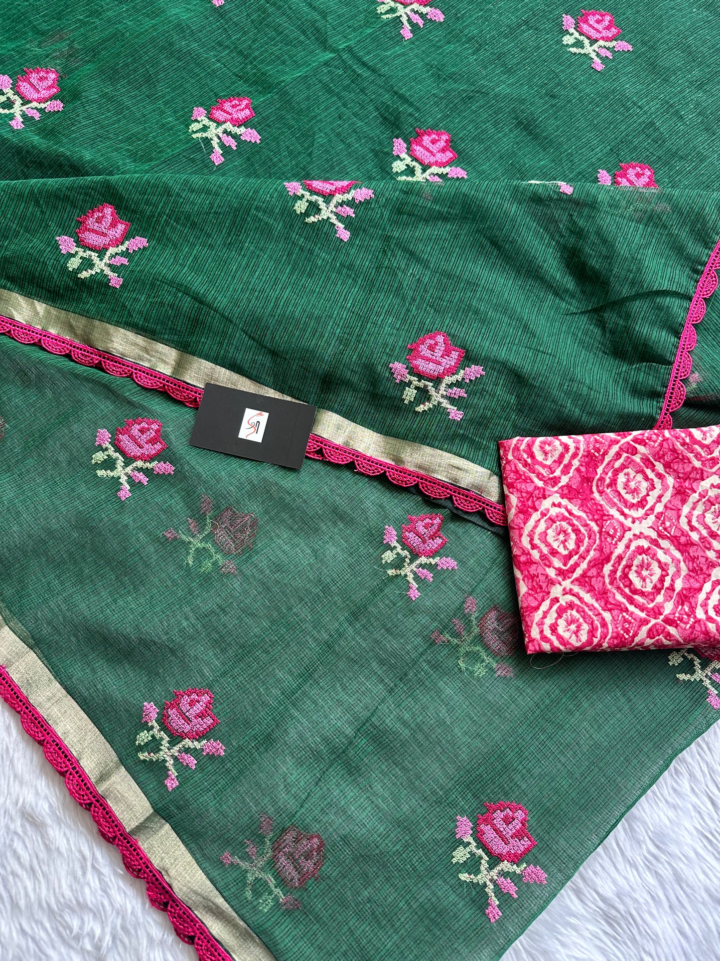 Embroidered Kota Doria Saree With Handcrafted Lucknowi Corchet Lace
