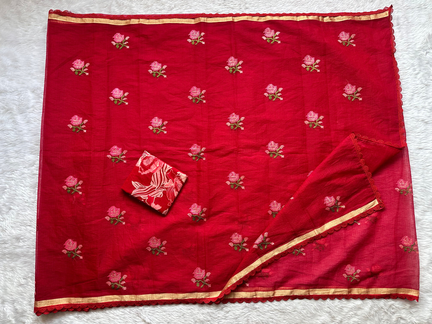 Embroidered Kota Cotton Doria Saree With Handcrafted Lucknowi Crochet Lace