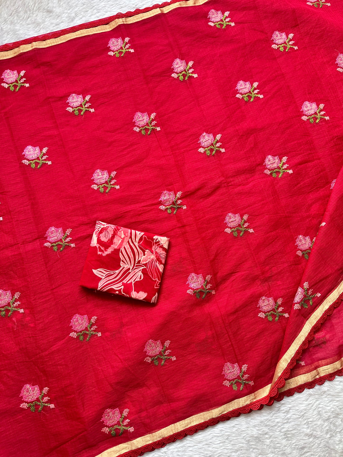 Embroidered Kota Cotton Doria Saree With Handcrafted Lucknowi Crochet Lace