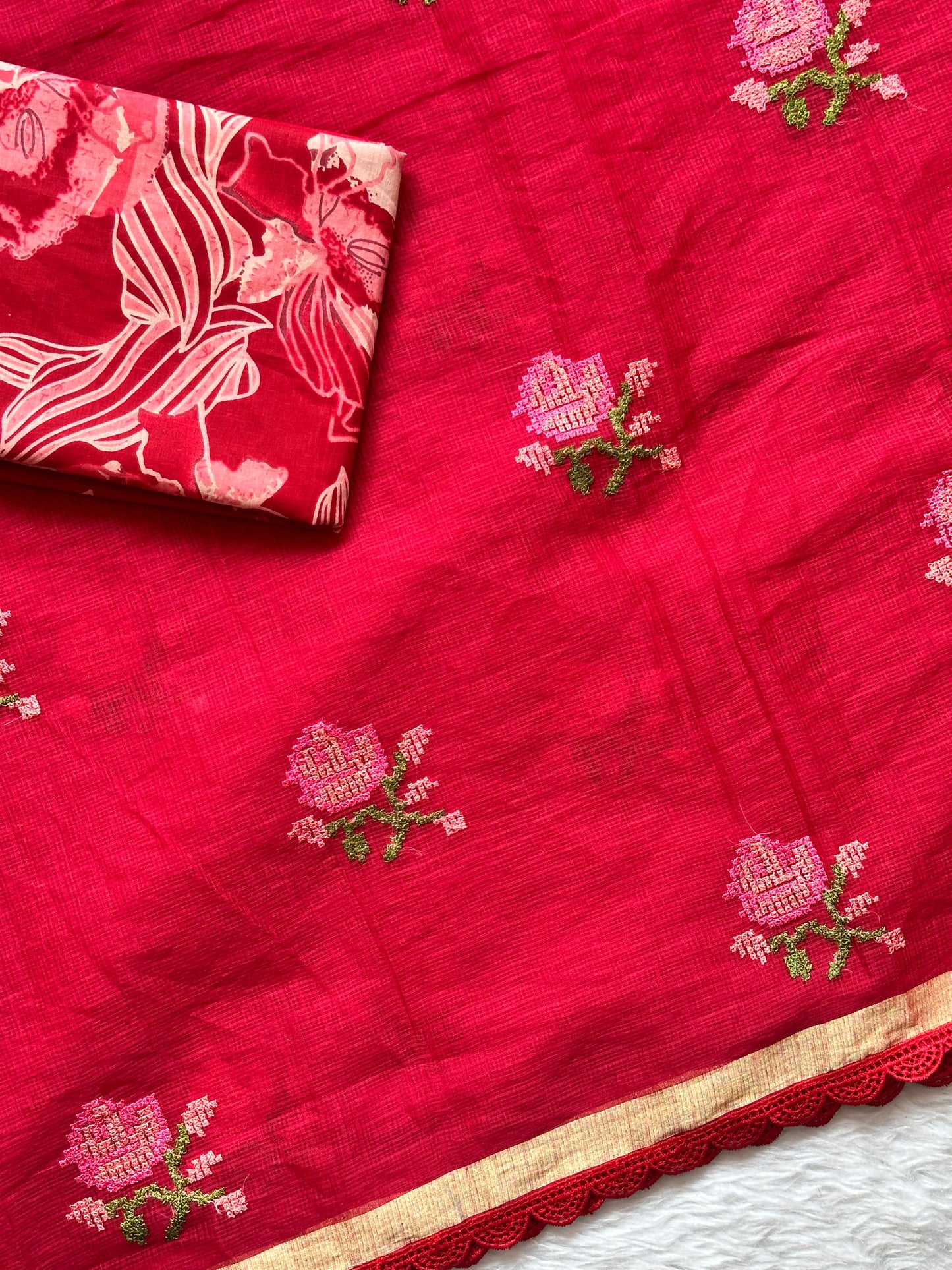 Embroidered Kota Cotton Doria Saree With Handcrafted Lucknowi Crochet Lace