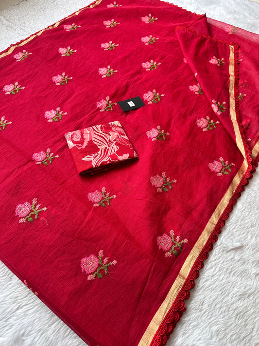 Embroidered Kota Cotton Doria Saree With Handcrafted Lucknowi Crochet Lace