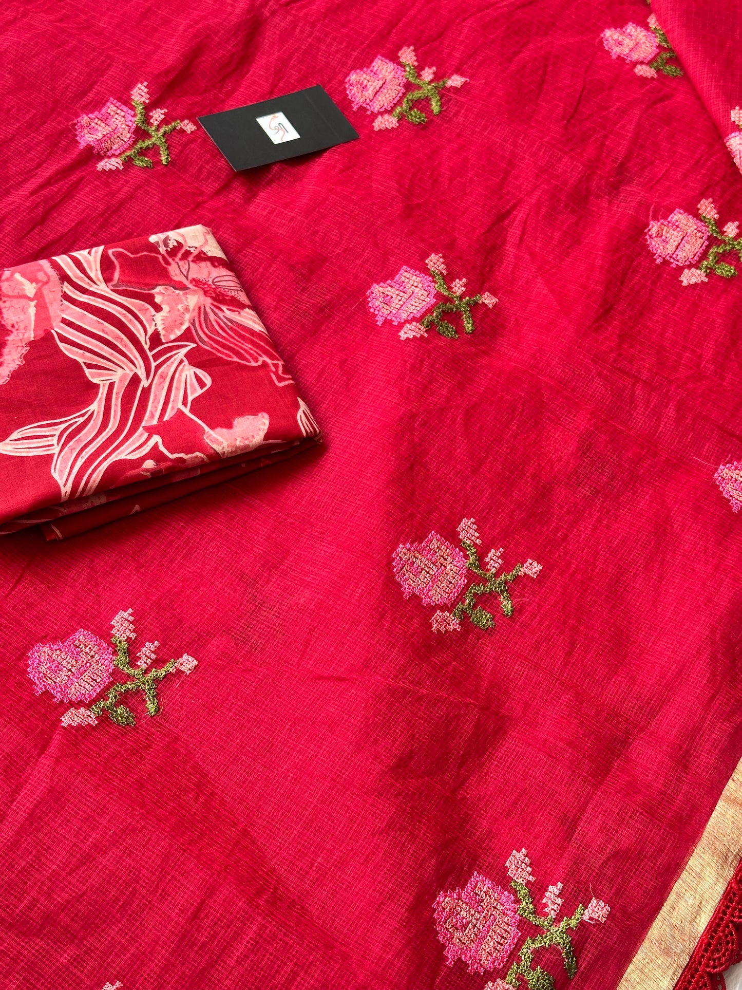 Embroidered Kota Cotton Doria Saree With Handcrafted Lucknowi Crochet Lace