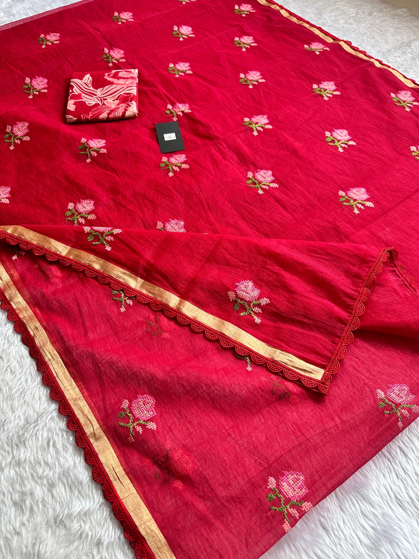 Embroidered Kota Cotton Doria Saree With Handcrafted Lucknowi Crochet Lace
