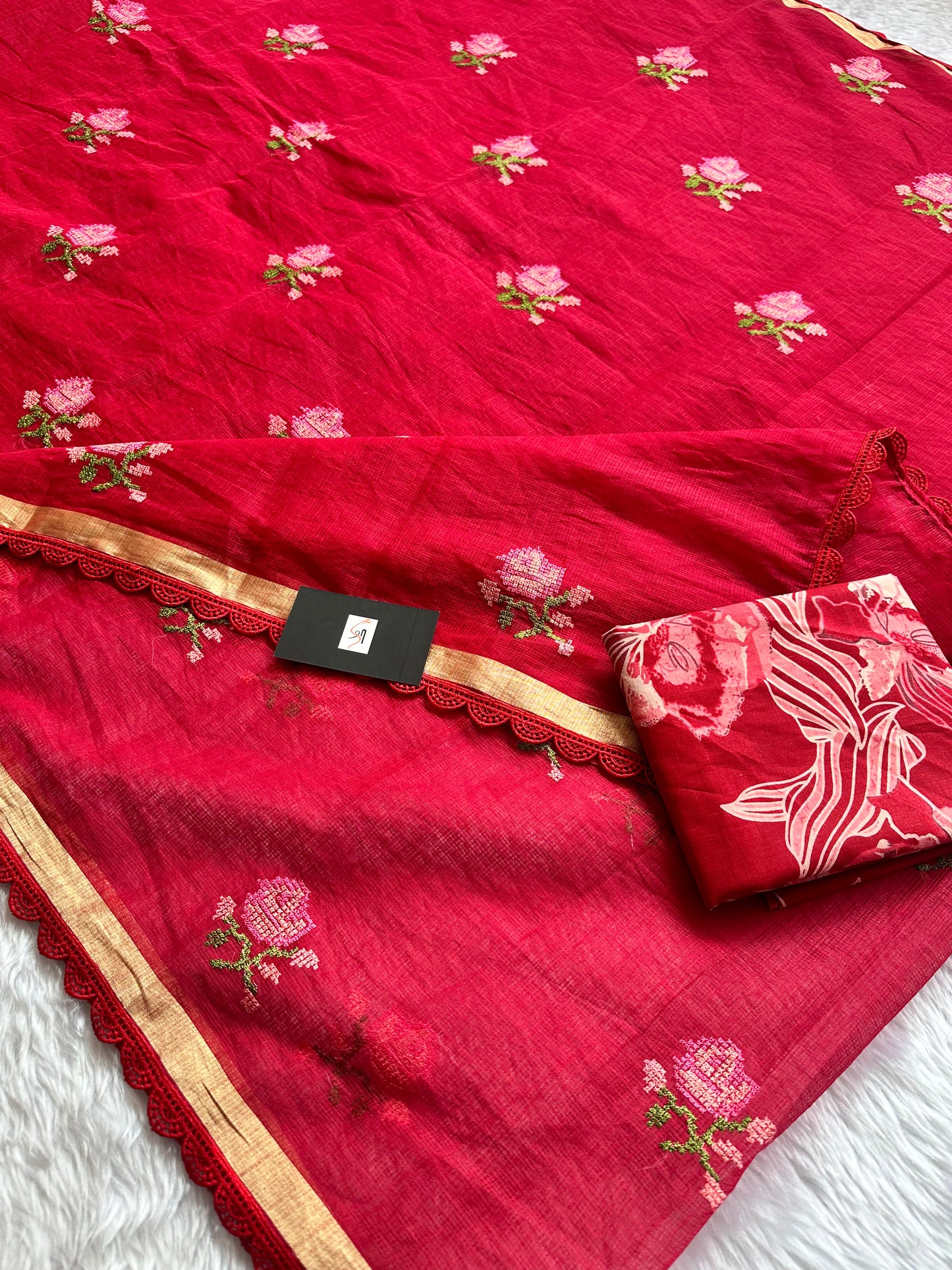 Embroidered Kota Cotton Doria Saree With Handcrafted Lucknowi Crochet Lace