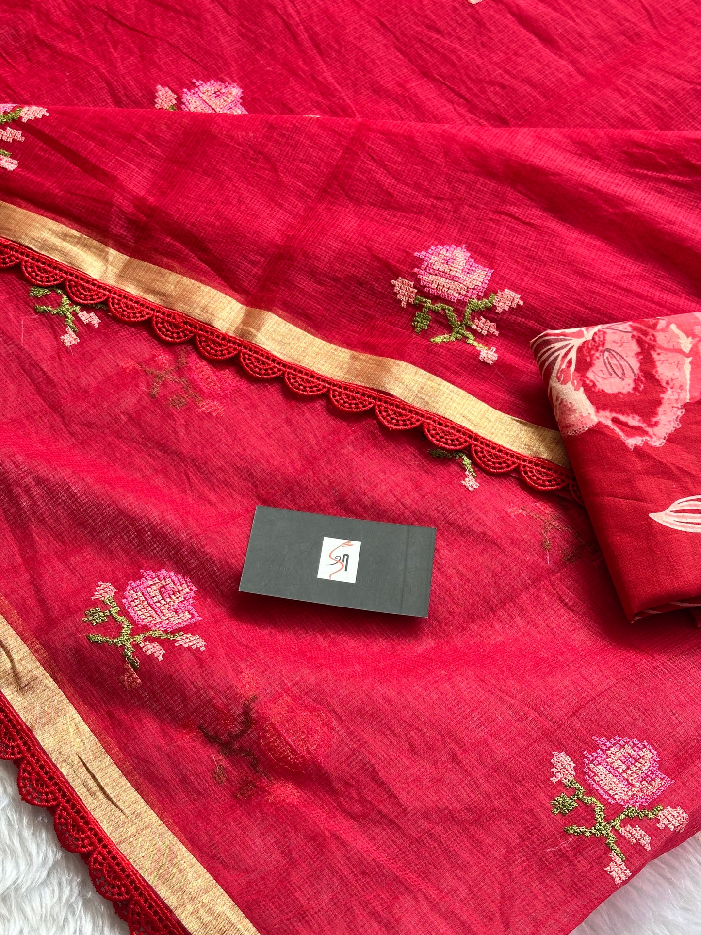 Embroidered Kota Cotton Doria Saree With Handcrafted Lucknowi Crochet Lace