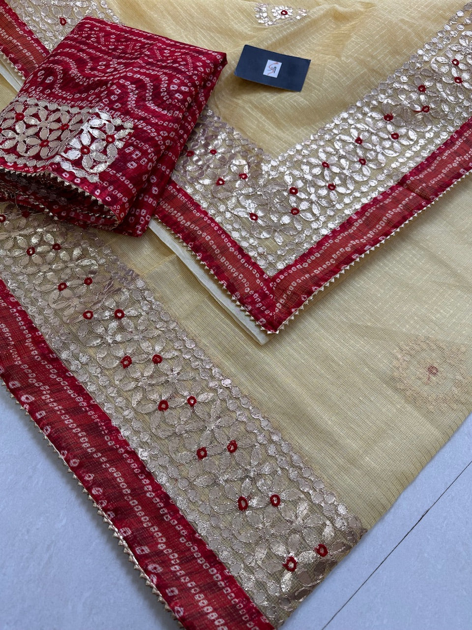 Jaipuri Gota Patti Embroidered Kota Cotton Tissue Doria  Saree