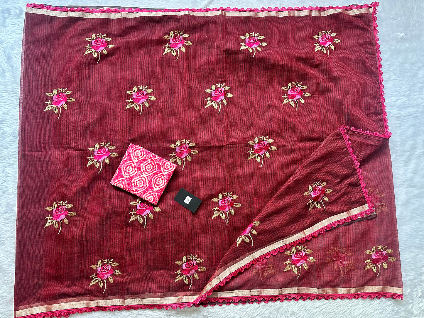 Embroidered Kota Cotton Doria Saree With Handcrafted Lucknowi Crochet Lace