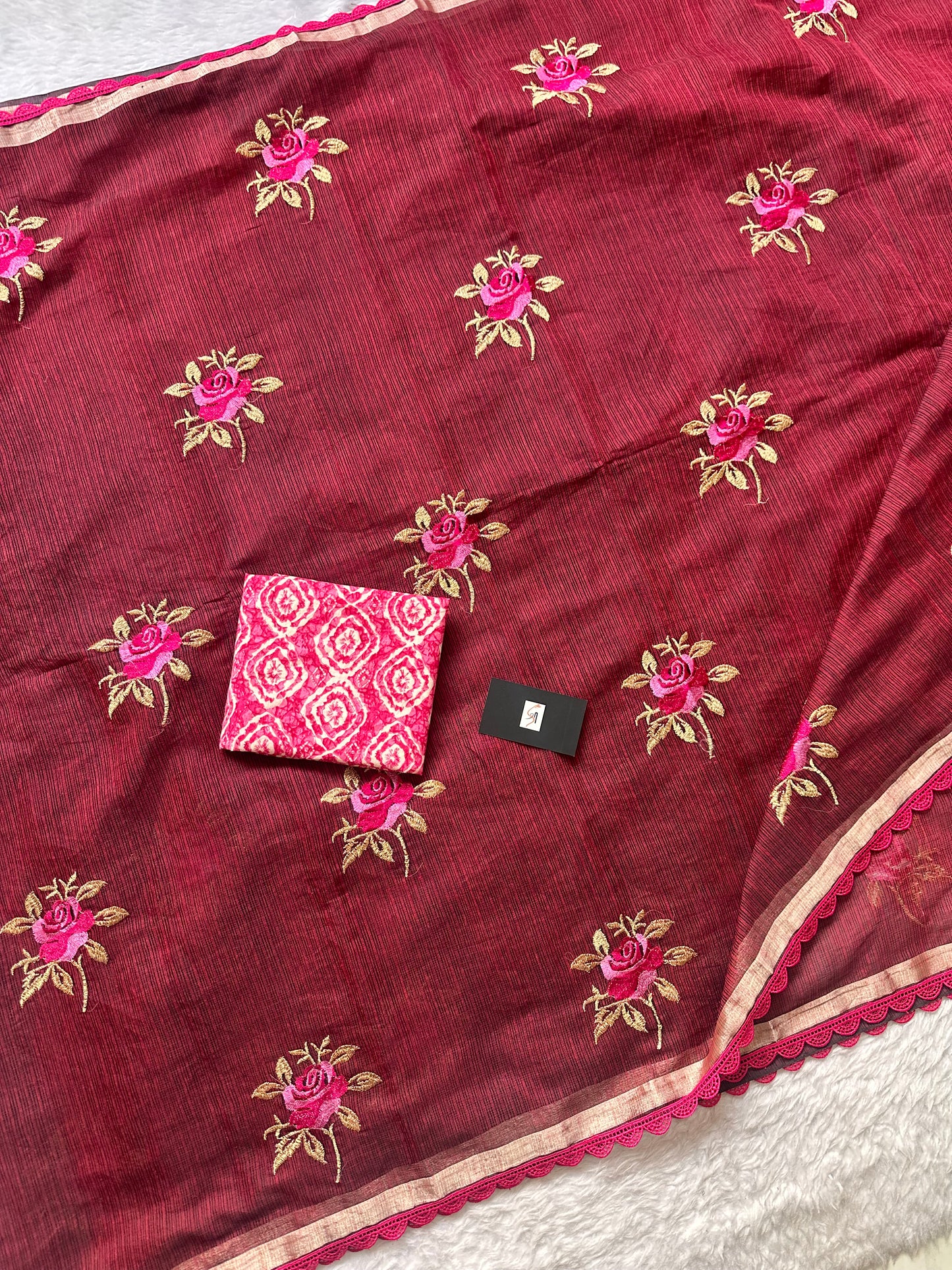 Embroidered Kota Cotton Doria Saree With Handcrafted Lucknowi Crochet Lace