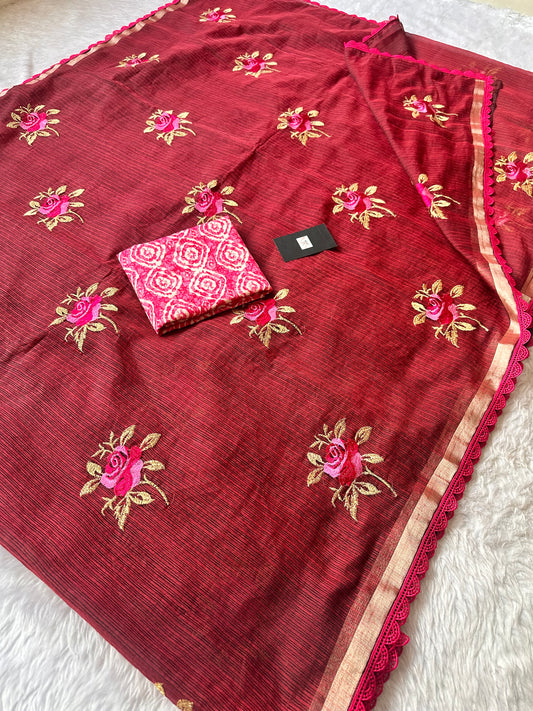 Embroidered Kota Cotton Doria Saree With Handcrafted Lucknowi Crochet Lace