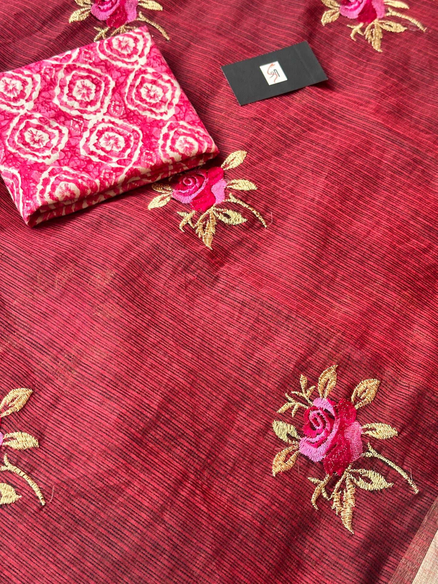 Embroidered Kota Cotton Doria Saree With Handcrafted Lucknowi Crochet Lace