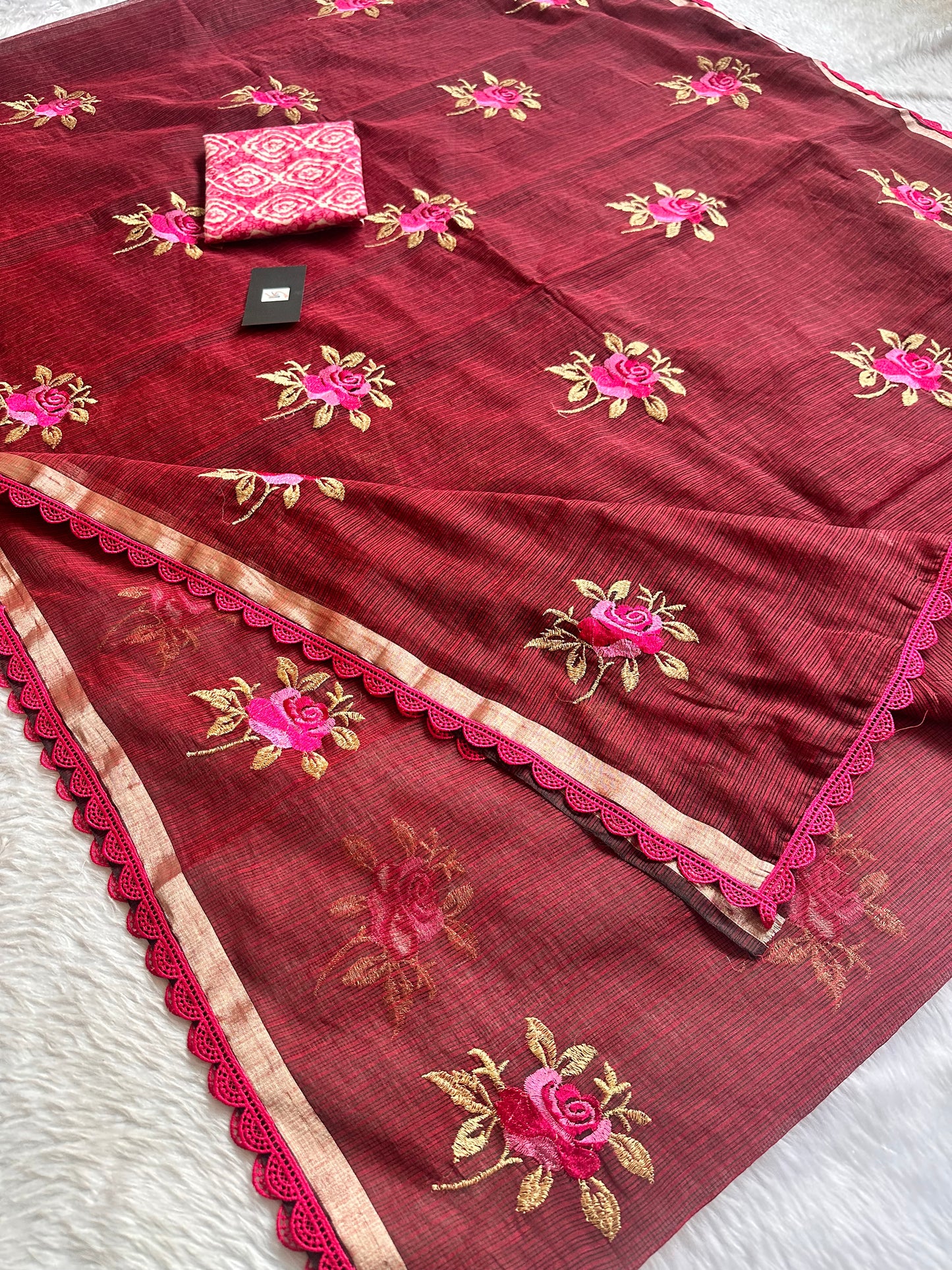 Embroidered Kota Cotton Doria Saree With Handcrafted Lucknowi Crochet Lace